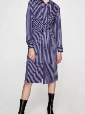 Zara Navy and White Striped Knot-Front Midi Dress